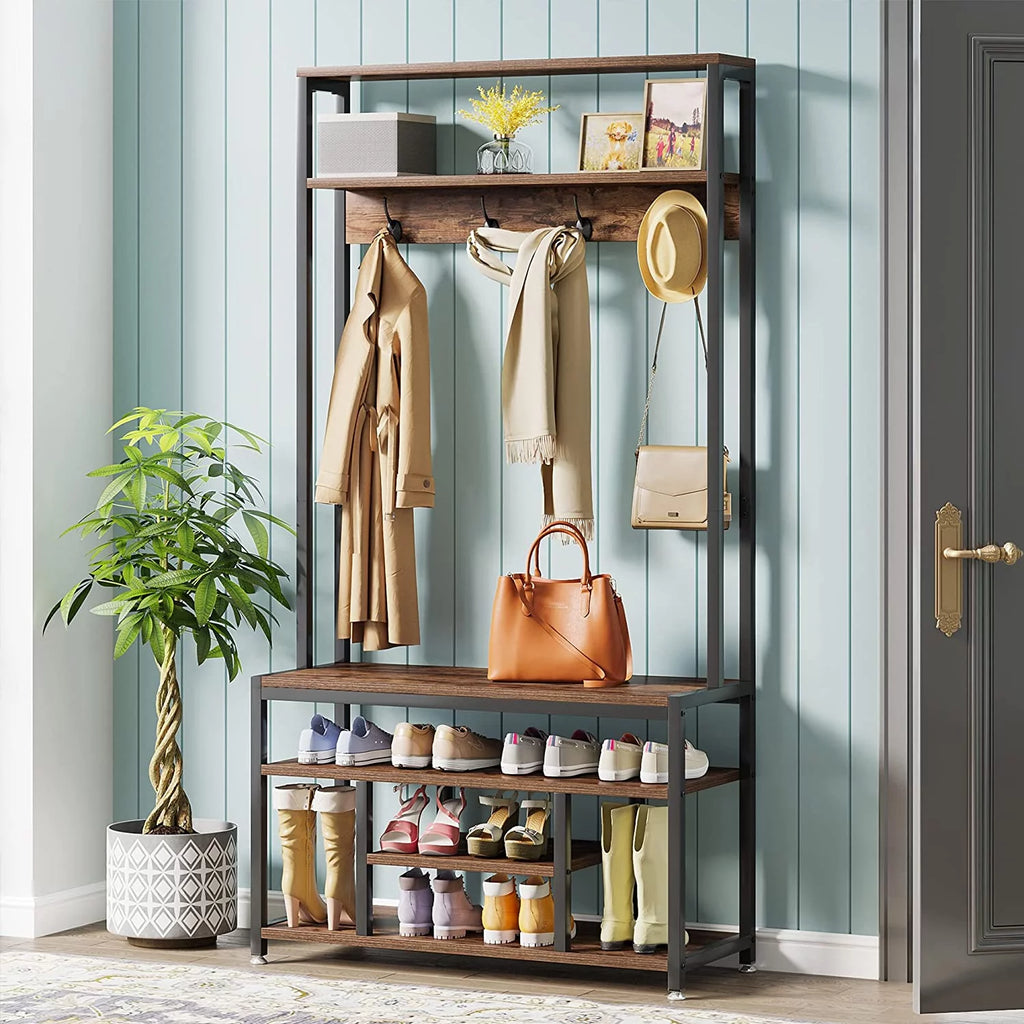 Industrial Coat Rack with Bench and Shoe Rack J211613
