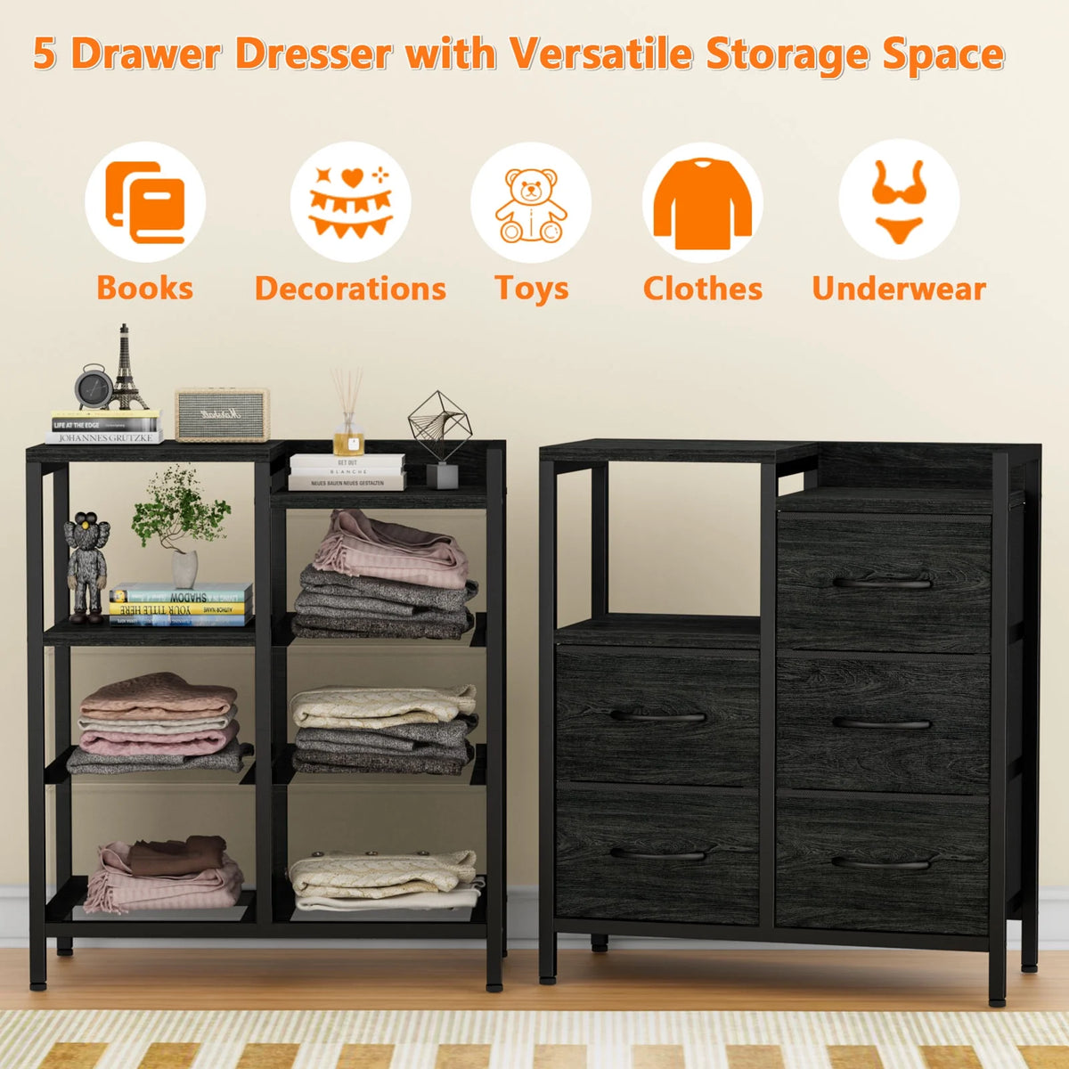 5 Fabric Drawers Storage Unit Organizer with Shelves P156124