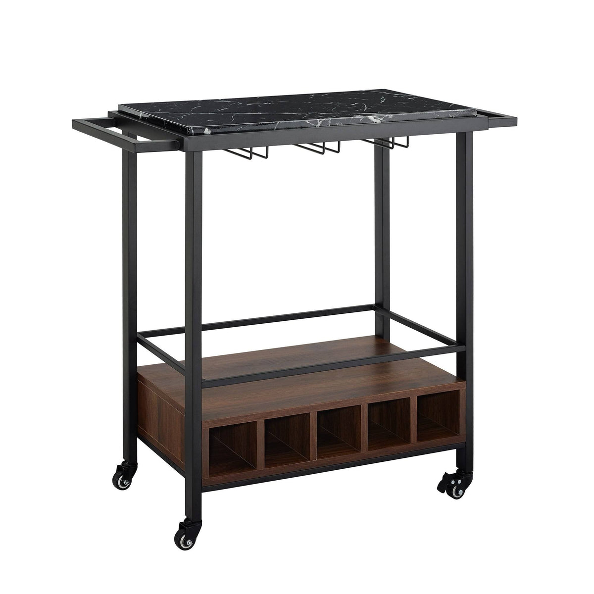 Faux Marble Serving Bar Cart with Dark Walnut Base Y71672
