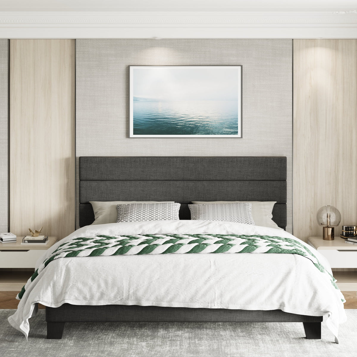 Full Size Platform Bed Frame with Upholstered Fabric Headboard W784872