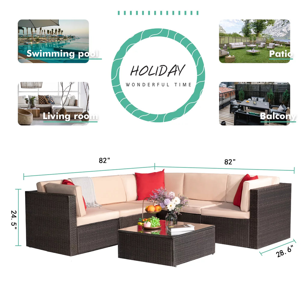 6 Piece PE Rattan Wicker Sofa Set with Cushions and Glass Table K662695