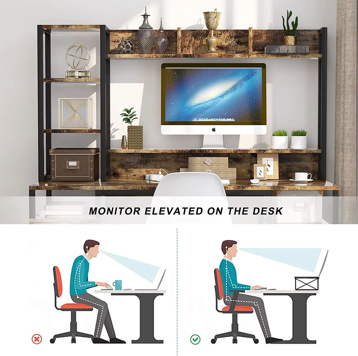 55" Computer Desk with Hutch and Storage Shelf F74186