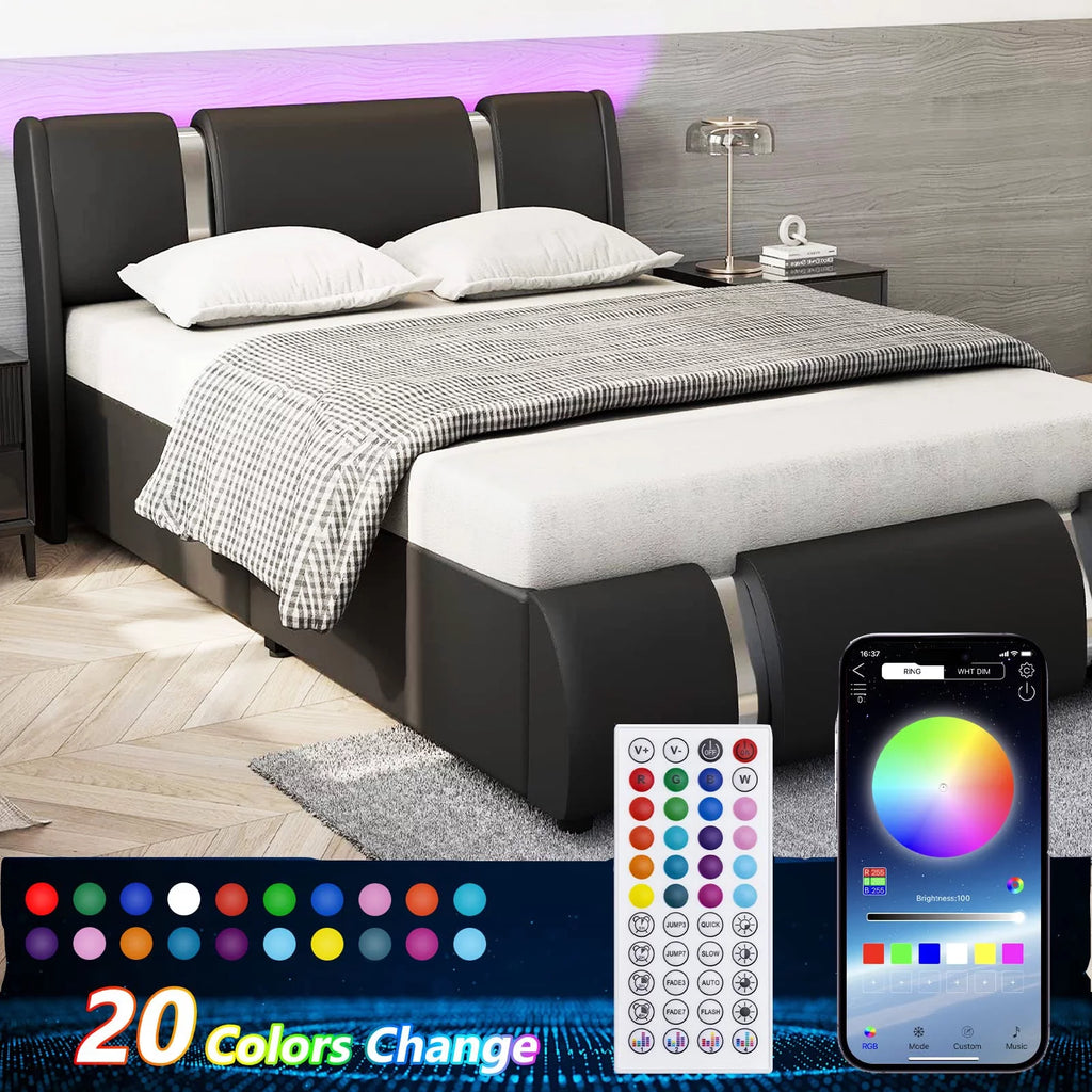 Faux Leather Full Size Platform Bed with LED Light and Adjustable Headboard P51347