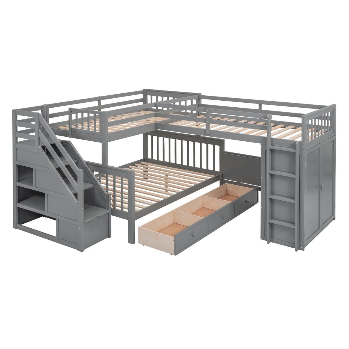 Twin-Twin Over Full L-Shaped Bunk Bed with Wardrobe and Desk J1258
