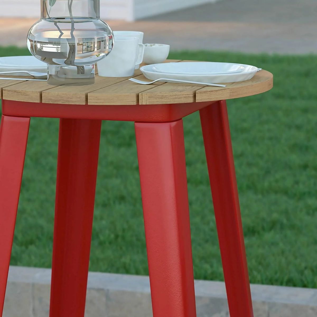 Indoor/Outdoor Bar Top Table Brown Resin Top Red Steel Base L5519