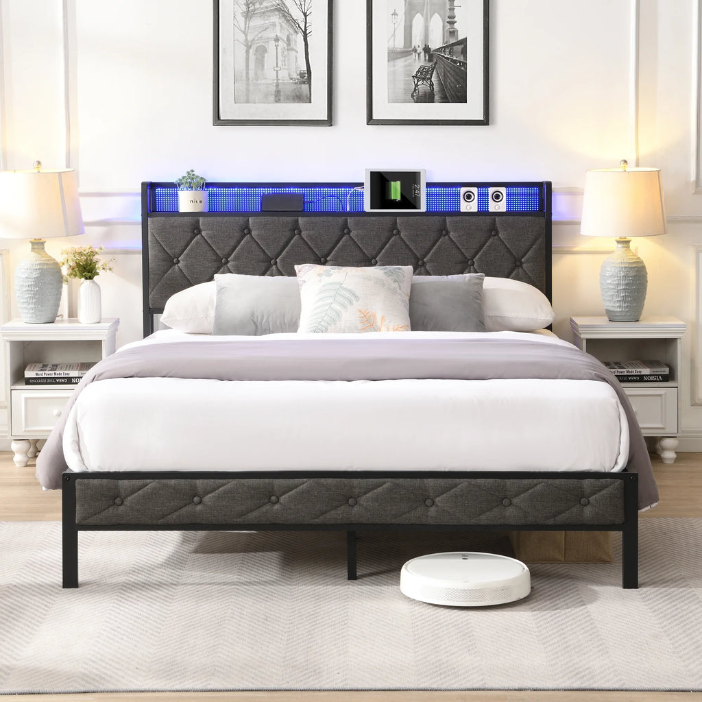 Full Size Upholstered Platform Bed with Storage Headboard F436331