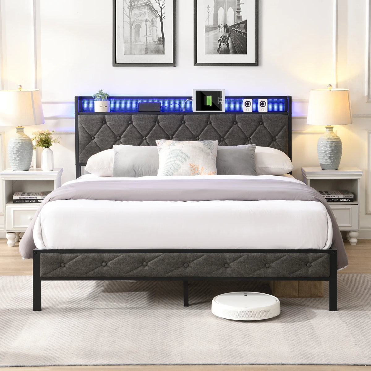 Full Size Upholstered Platform Bed with Storage Headboard F436331