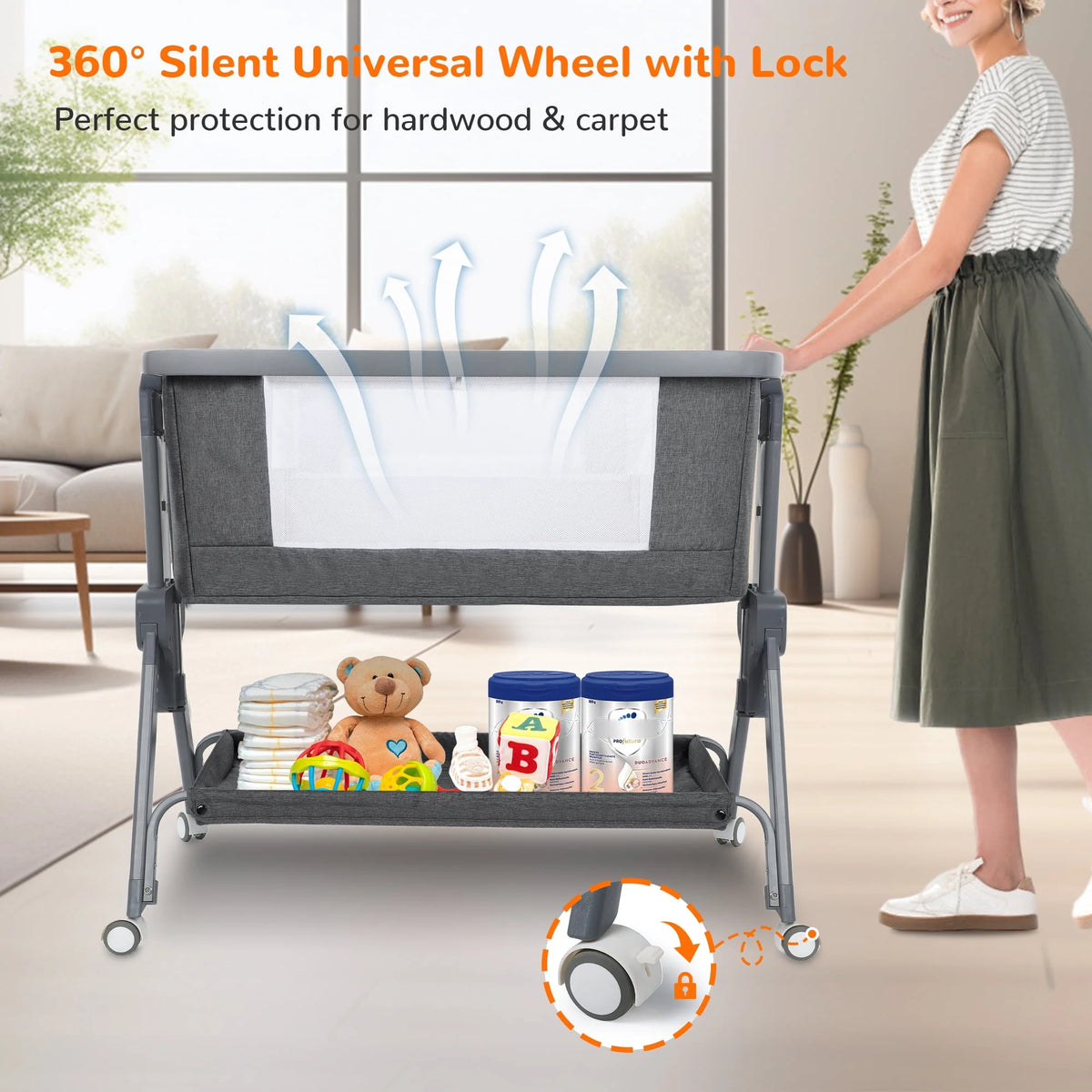 Baby Bassinet, Bedside Sleeper, Portable Crib, All Mesh - Grey B5592