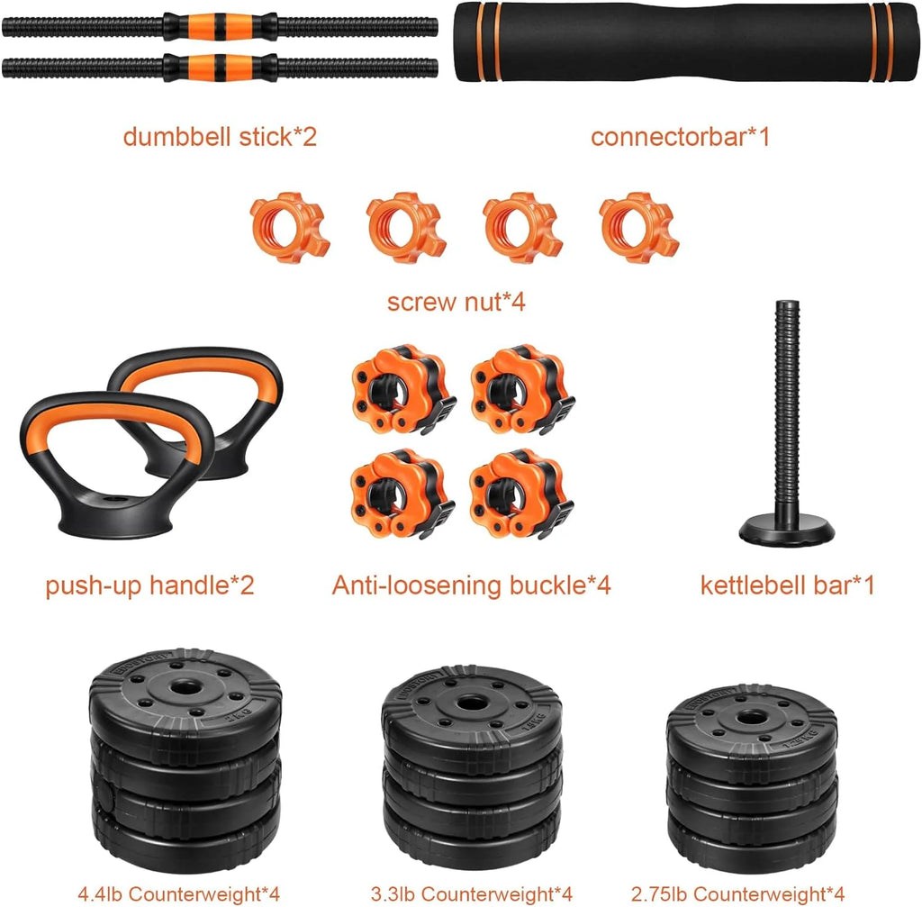 Adjustable 4 In 1 Dumbbell Set, 22/44/66/88Lbs Non-Slip K279
