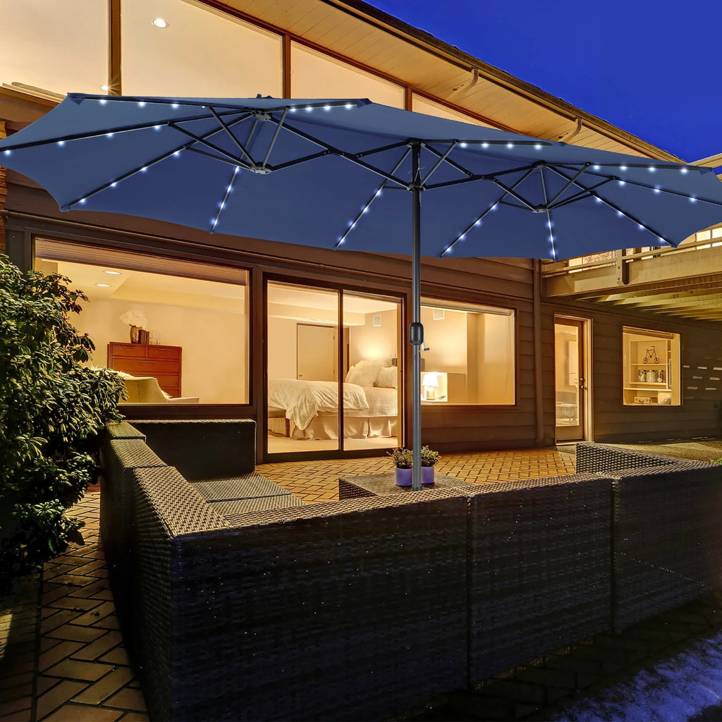 15FT Twin Patio Double-Sided Umbrella with 48 Solar LED Lights H207547
