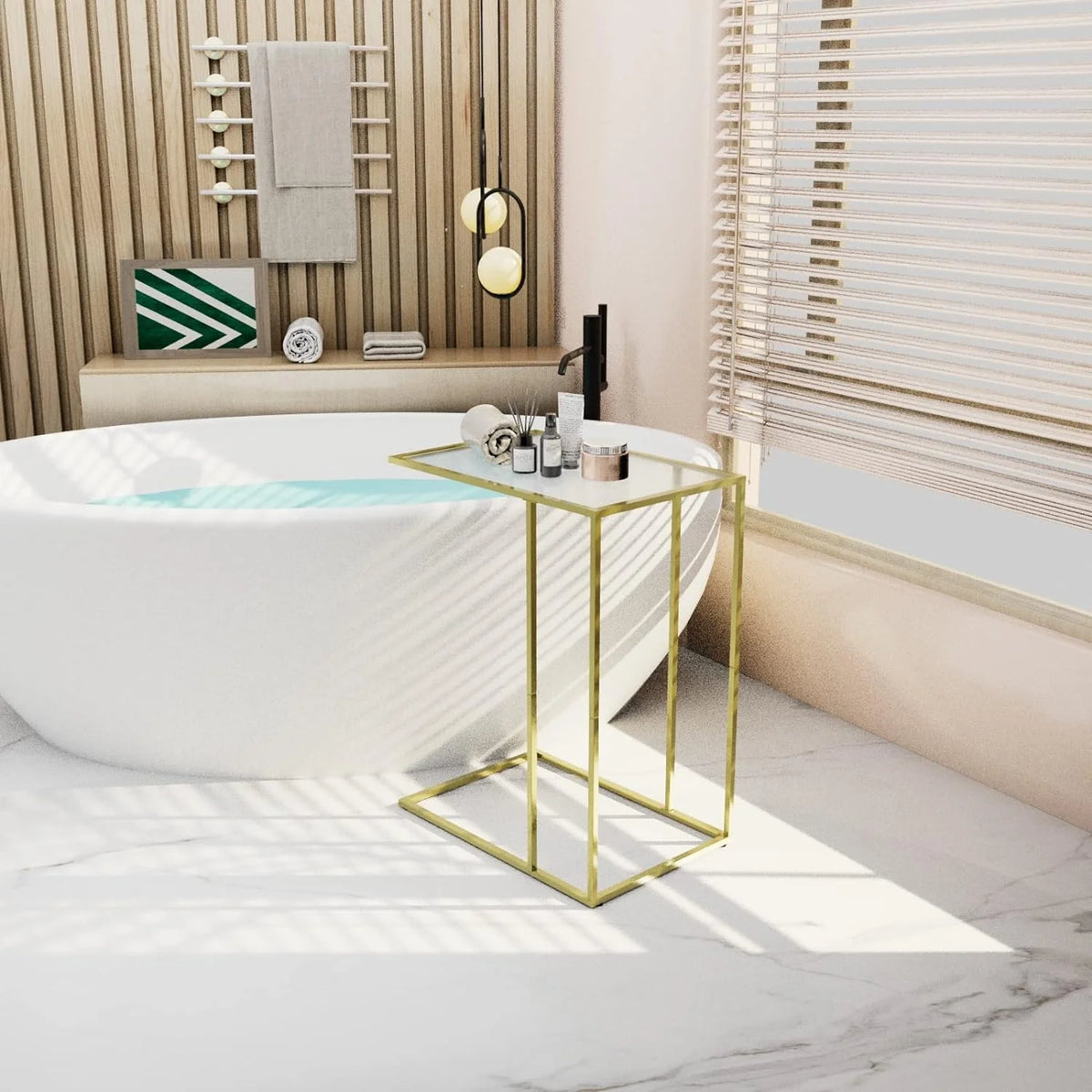 C Shaped Glass End Table with Metal Frame R9501