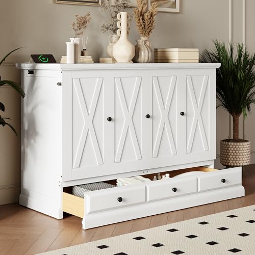 Queen Size Solid Pine Murphy Bed with Charging Station and Storage Drawer N6316