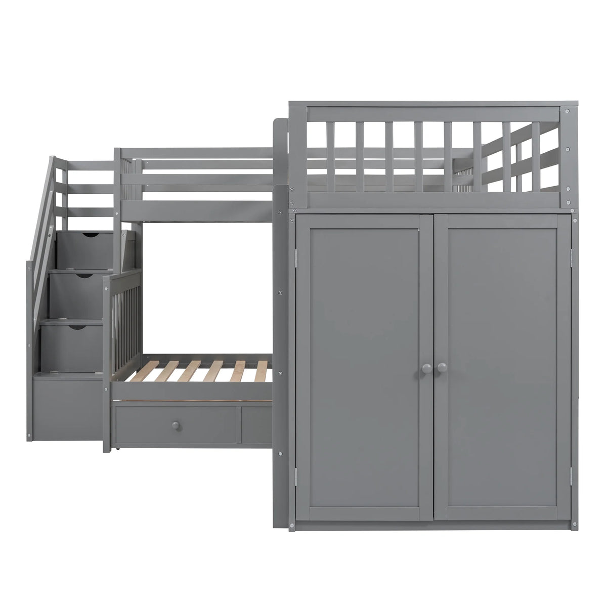 Twin-Twin Over Full L-Shaped Bunk Bed with Wardrobe and Desk J1258
