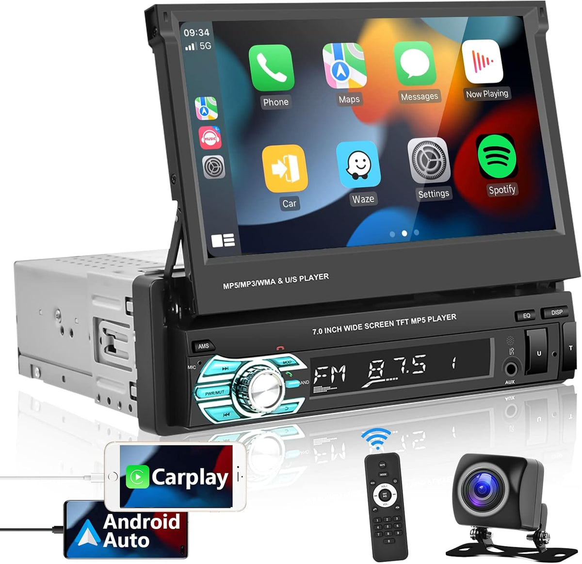 Single Din Car Stereo with CarPlay Android Auto Bluetooth Backup Camera 7” Flip Out Touch Screen Z378