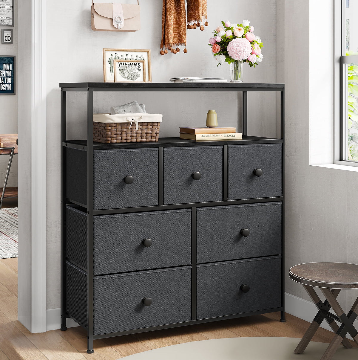 Pink 7 Drawer Fabric Dresser with Wood Shelves F99111
