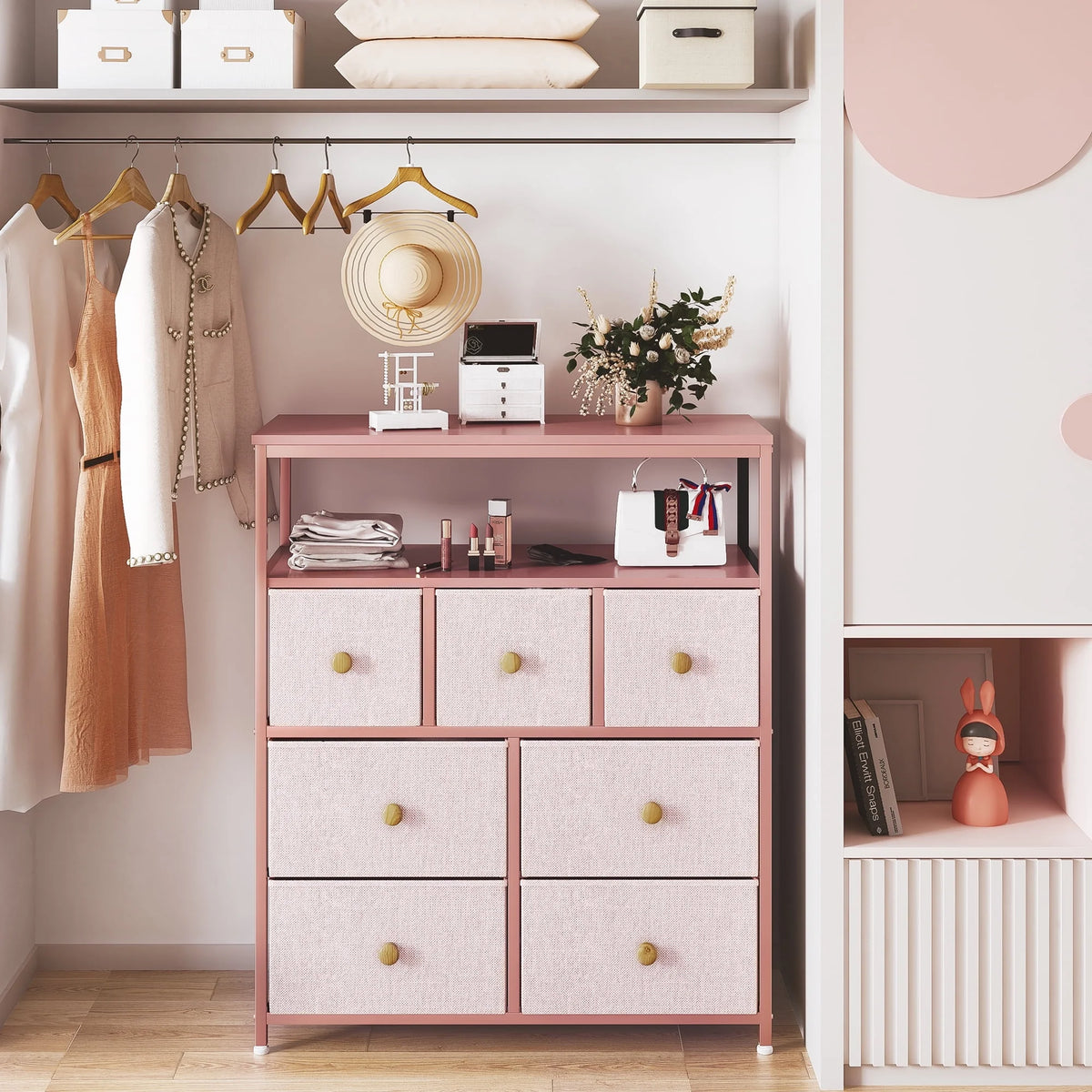 Pink 7 Drawer Fabric Dresser with Wood Shelves F99111
