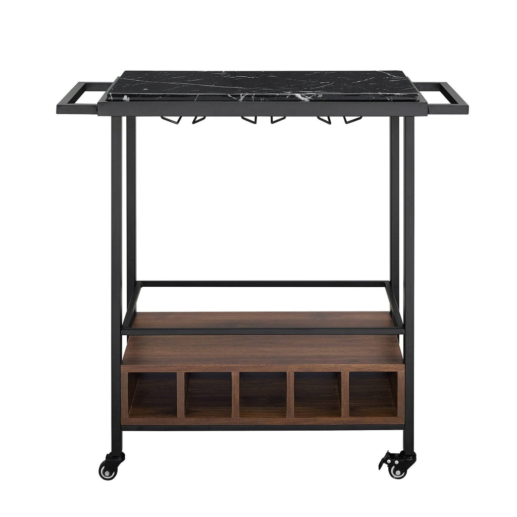 Faux Marble Serving Bar Cart with Dark Walnut Base Y71672