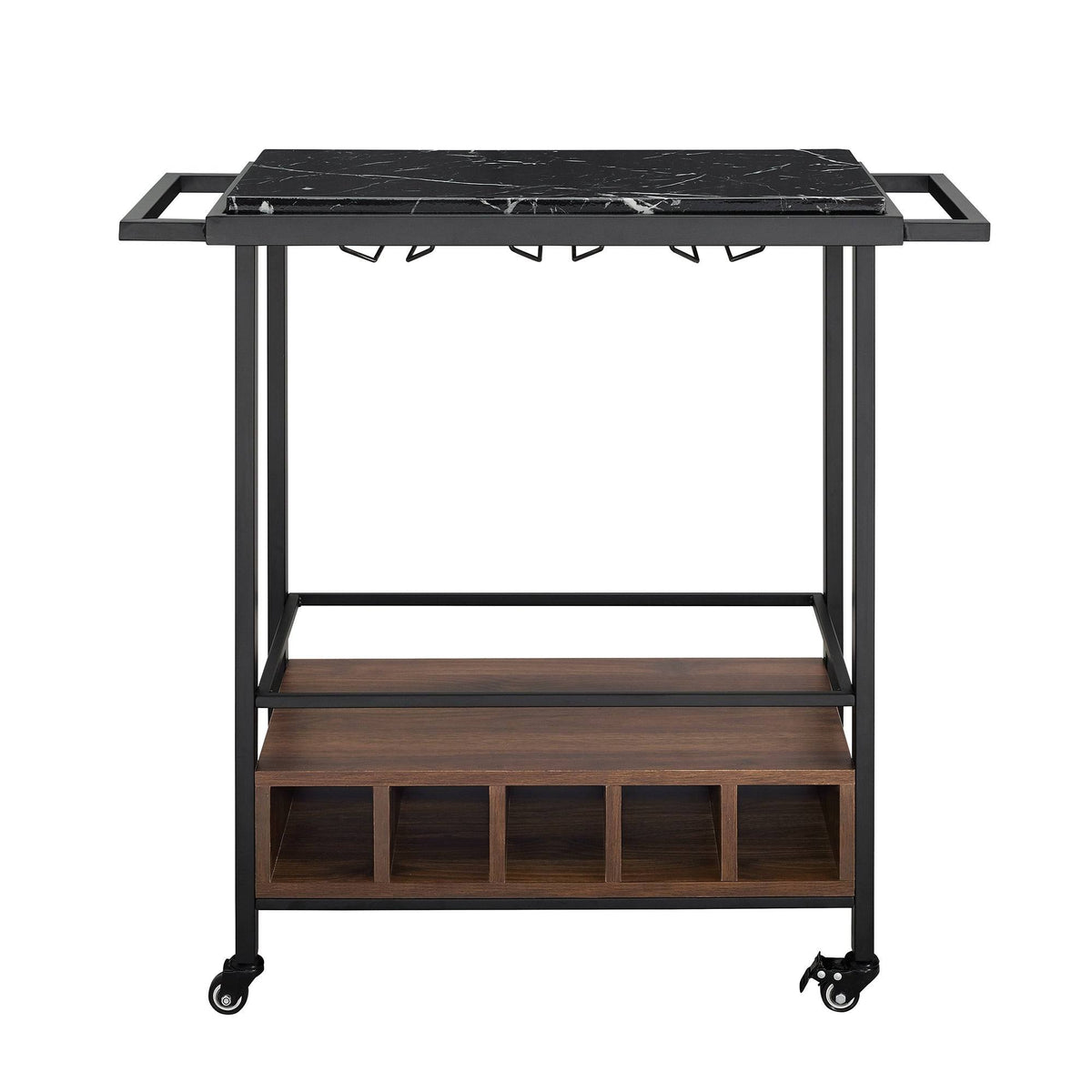 Faux Marble Serving Bar Cart with Dark Walnut Base Y71672