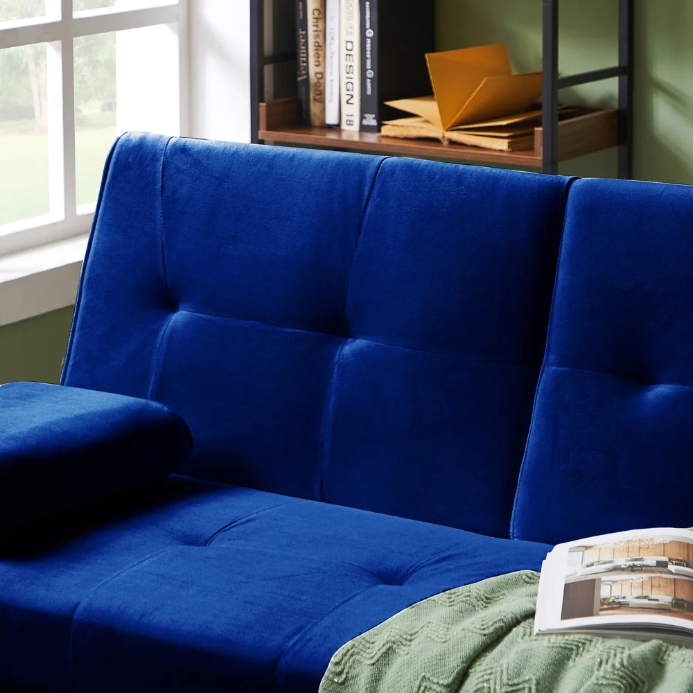 Blue Velvet Convertible Futon Sofa Bed with Cupholders W40486