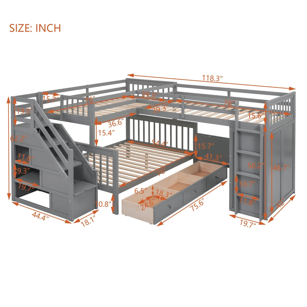 Twin-Twin Over Full L-Shaped Bunk Bed with Wardrobe and Desk J1258
