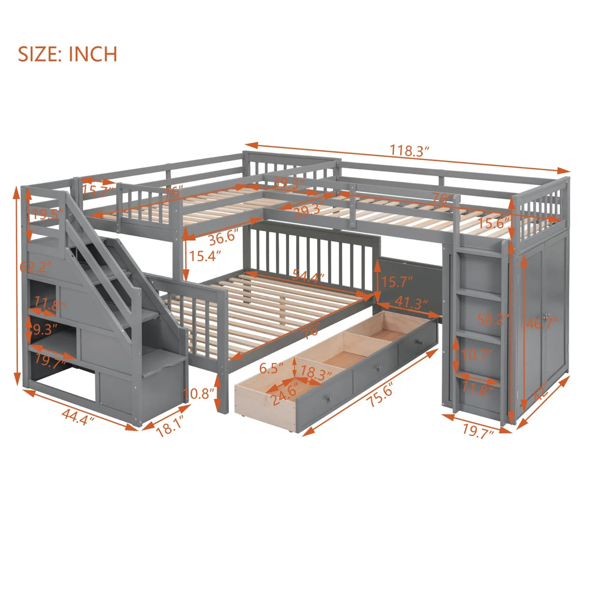 Twin-Twin Over Full L-Shaped Bunk Bed with Wardrobe and Desk J1258