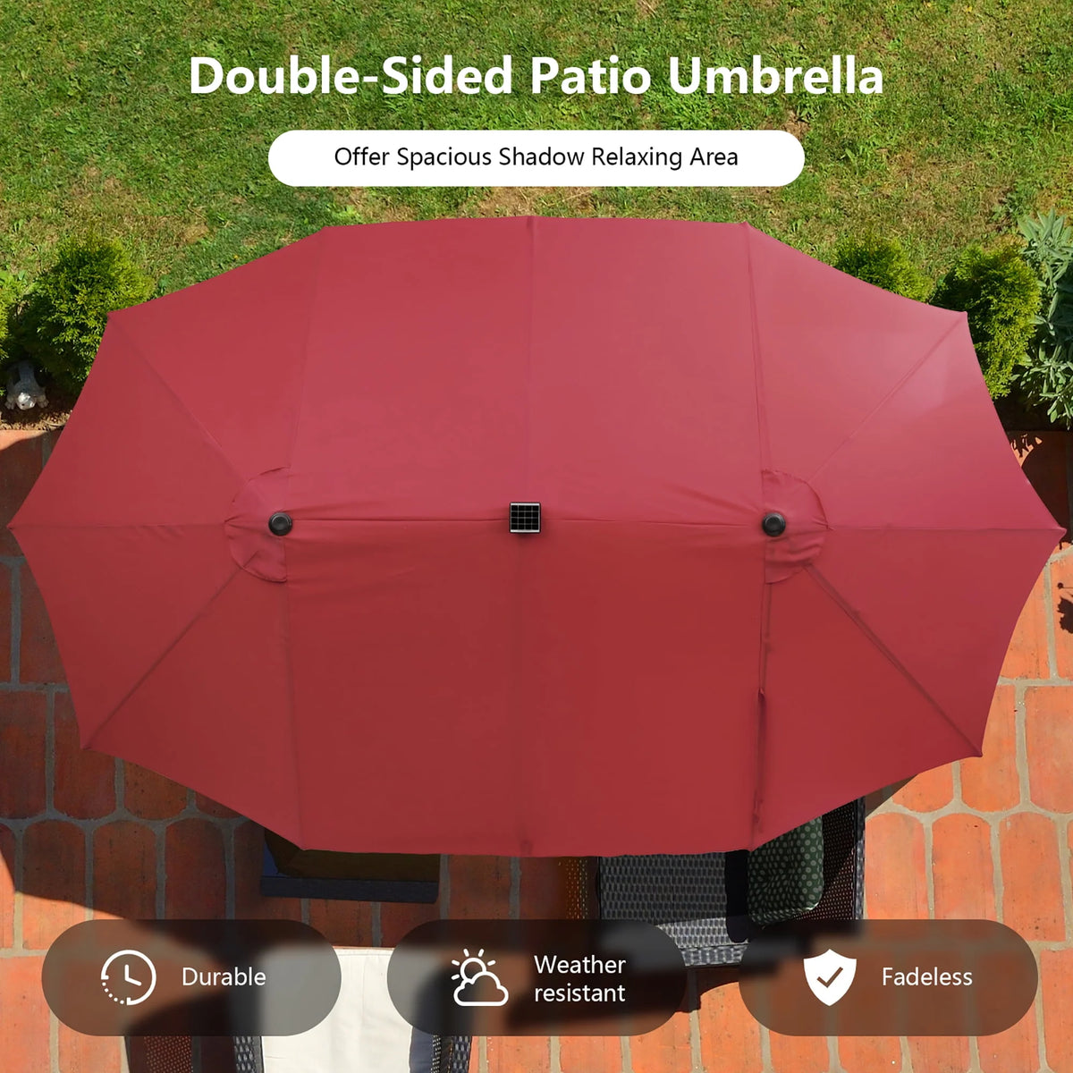 15FT Twin Patio Double-Sided Umbrella with 48 Solar LED Lights H207547