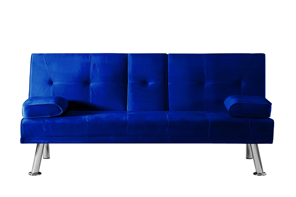 Blue Velvet Convertible Futon Sofa Bed with Cupholders W40486