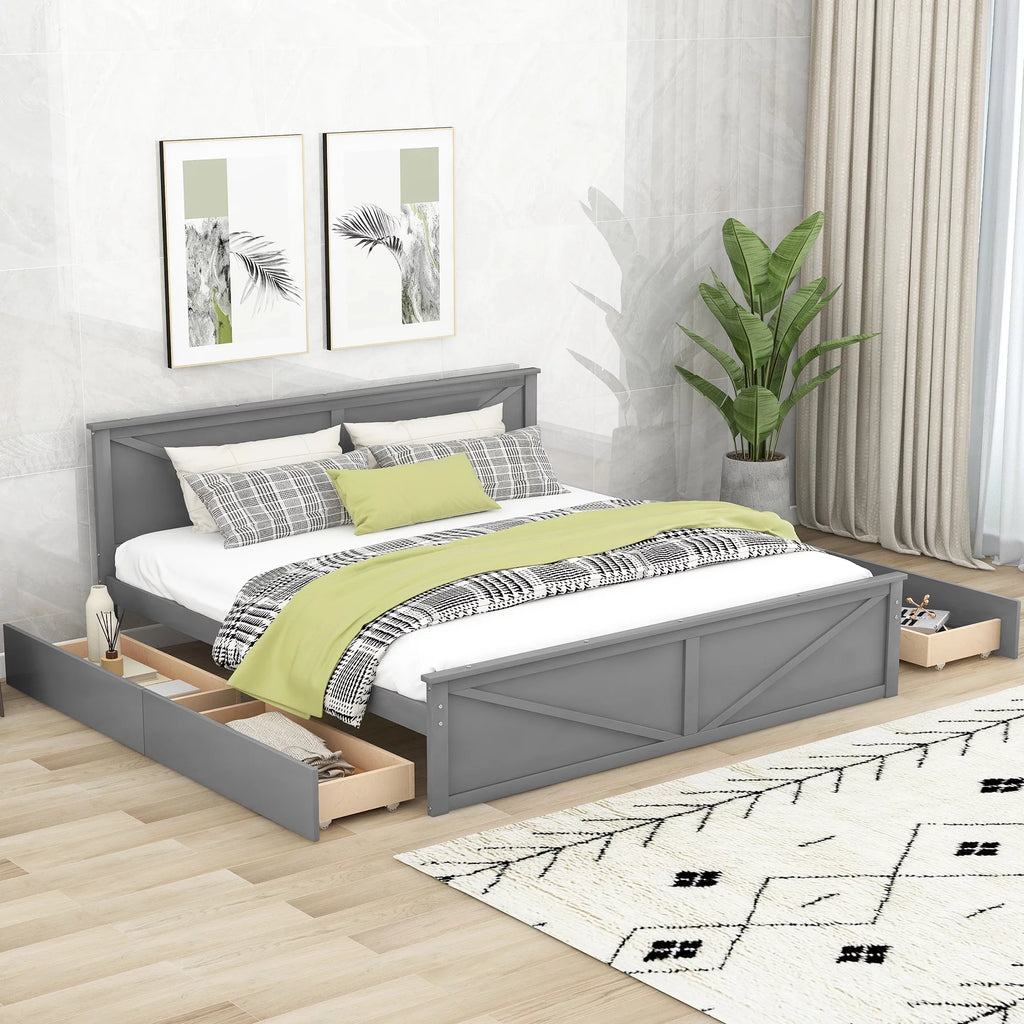 King Size Wooden Platform Bed with Storage Drawers A71975