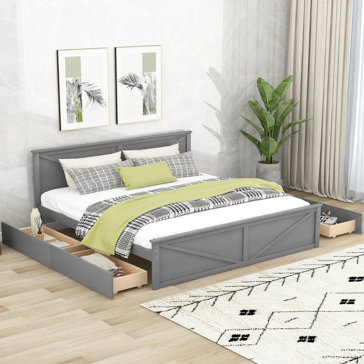 King Size Wooden Platform Bed with Storage Drawers A71975