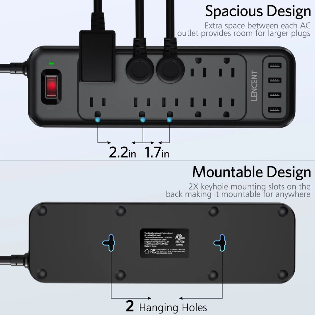 2 Prong Power Strip, 1700J Surge Protector, 6ft Extension Cord, 10 Outlets & 4 USB Ports J249479