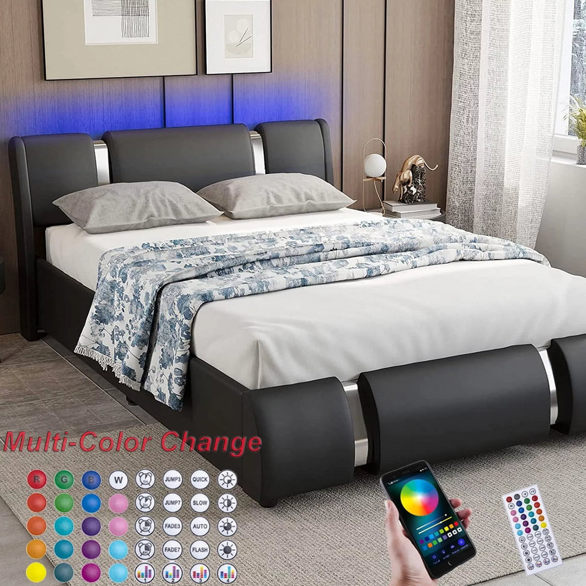 Faux Leather Full Size Platform Bed with LED Light and Adjustable Headboard P51347