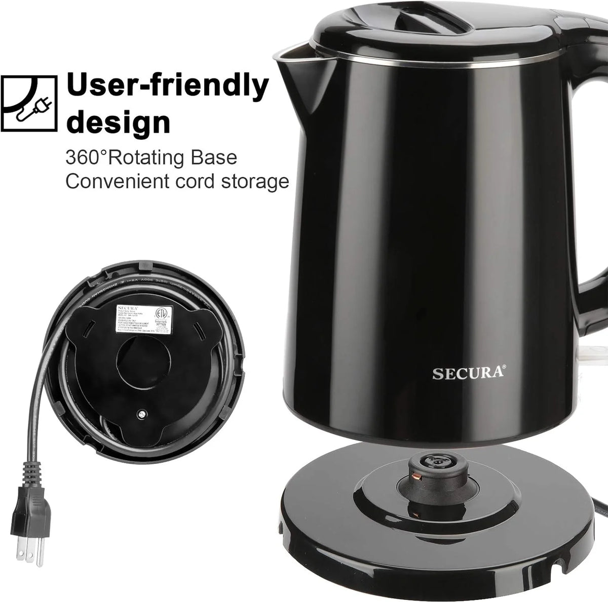 Stainless Steel Double Wall Electric Kettle 1.0L Black A481152