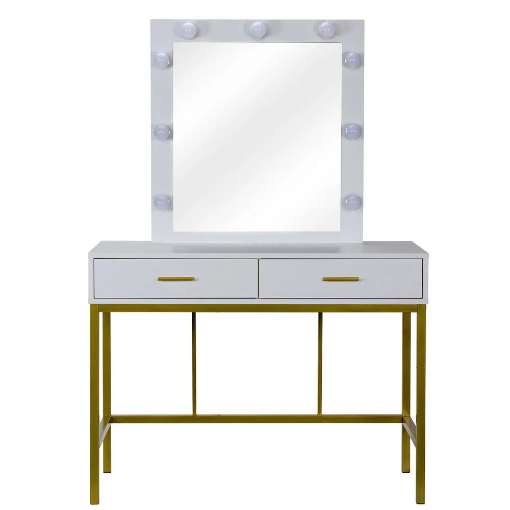 White Wooden Makeup Vanity with 9 LED Lights and 2 Drawers U412