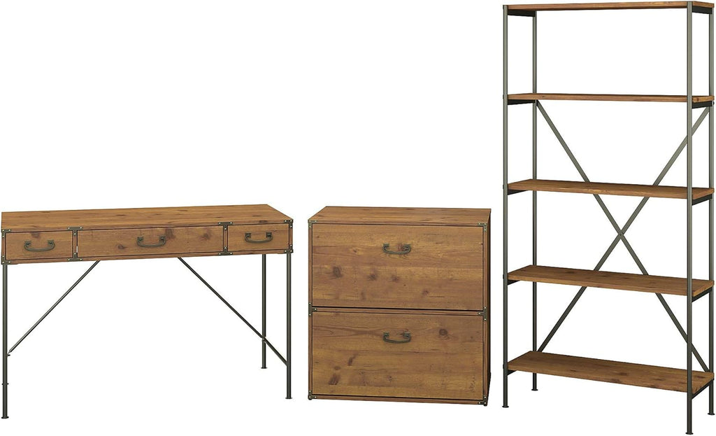 Vintage Golden Pine Writing Desk with File Cabinet and Bookcase L142467