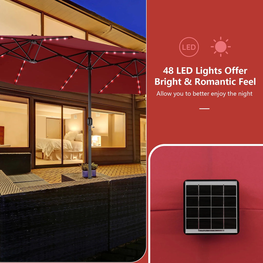 15FT Twin Patio Double-Sided Umbrella with 48 Solar LED Lights H207547