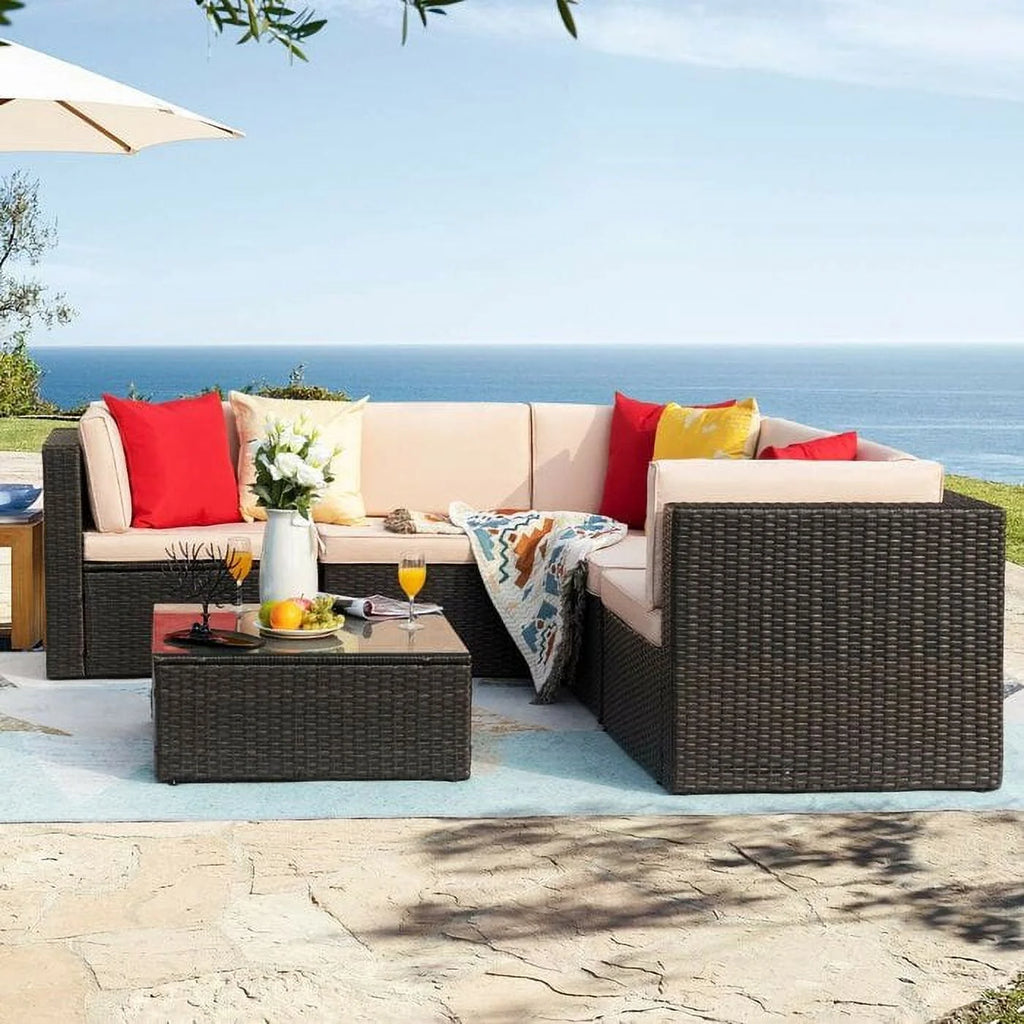 6 Piece PE Rattan Wicker Sofa Set with Cushions and Glass Table K662695