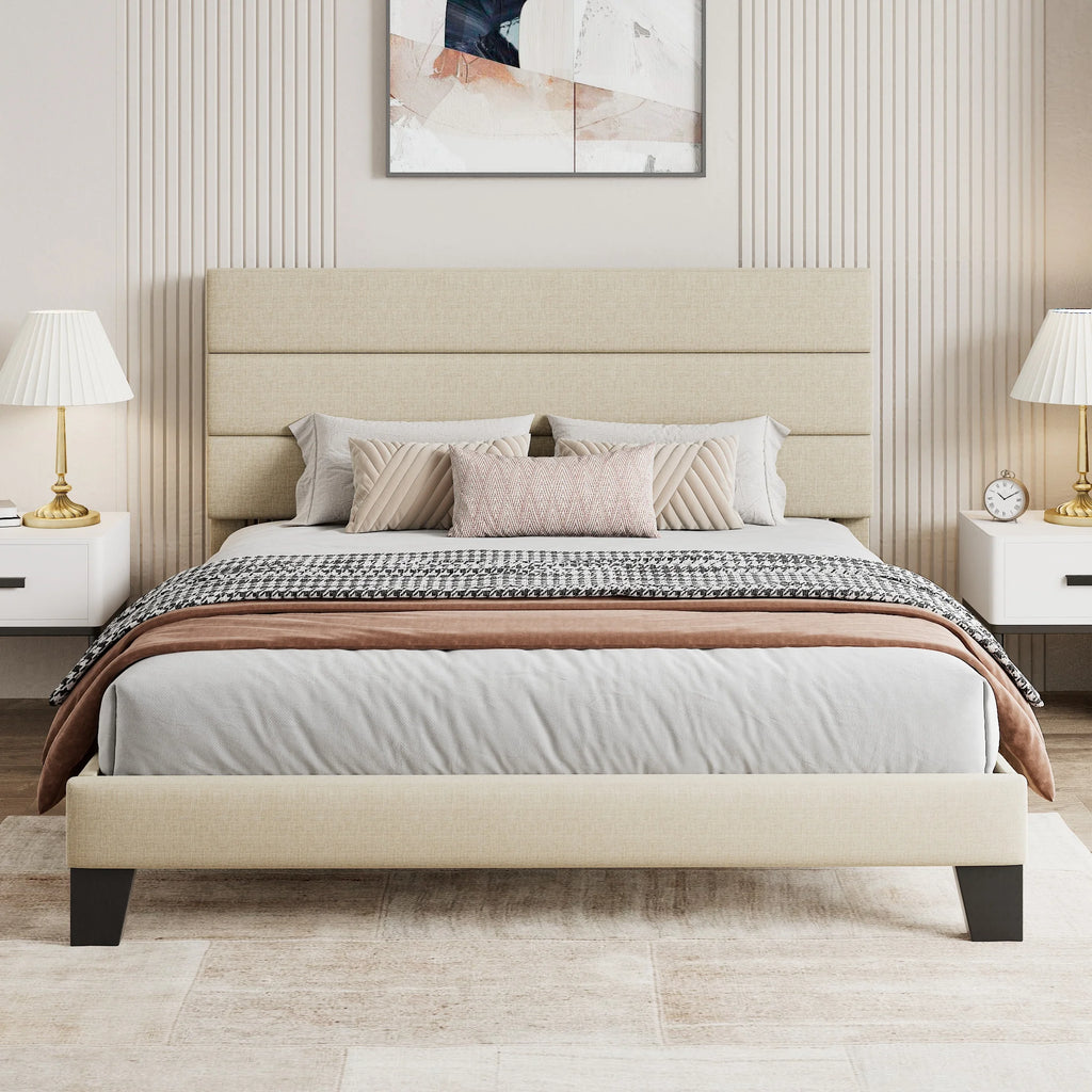 Full Size Platform Bed Frame with Upholstered Fabric Headboard W784872