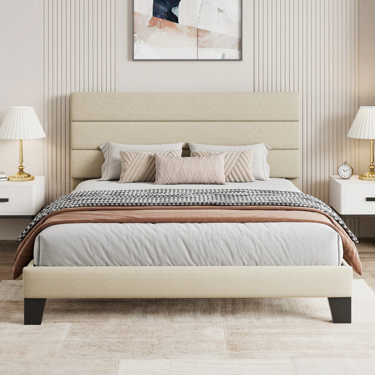 Full Size Platform Bed Frame with Upholstered Fabric Headboard W784872