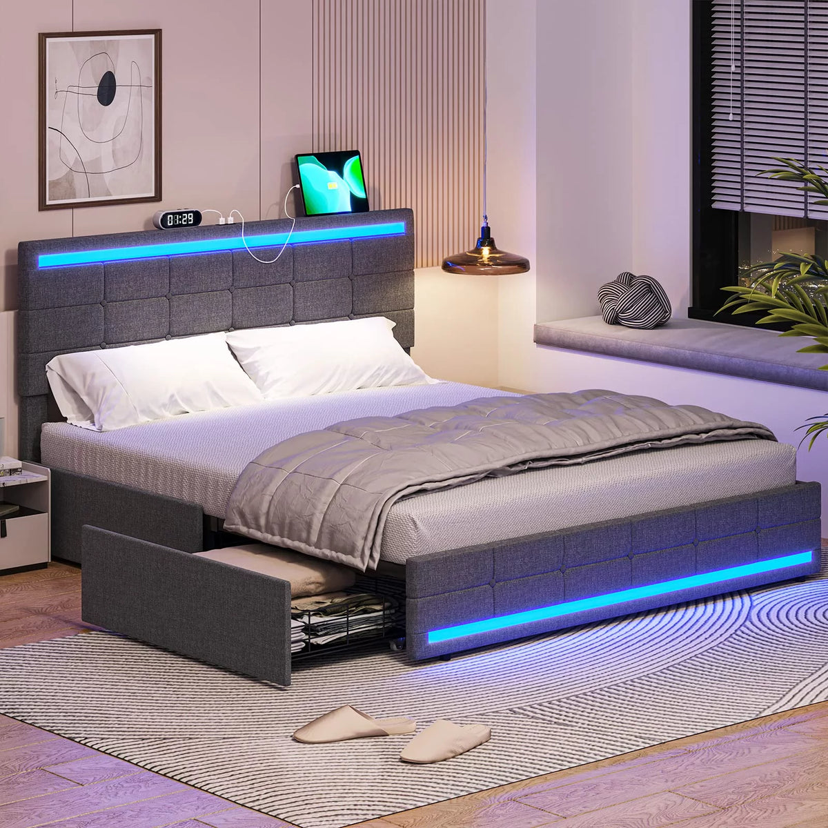 Full Size LED Bed Frame with Headboard and Storage Drawers B253