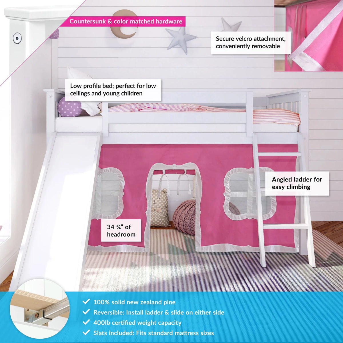 Twin Low Loft Wood Bunk Bed with Slide and Pink Curtain F653