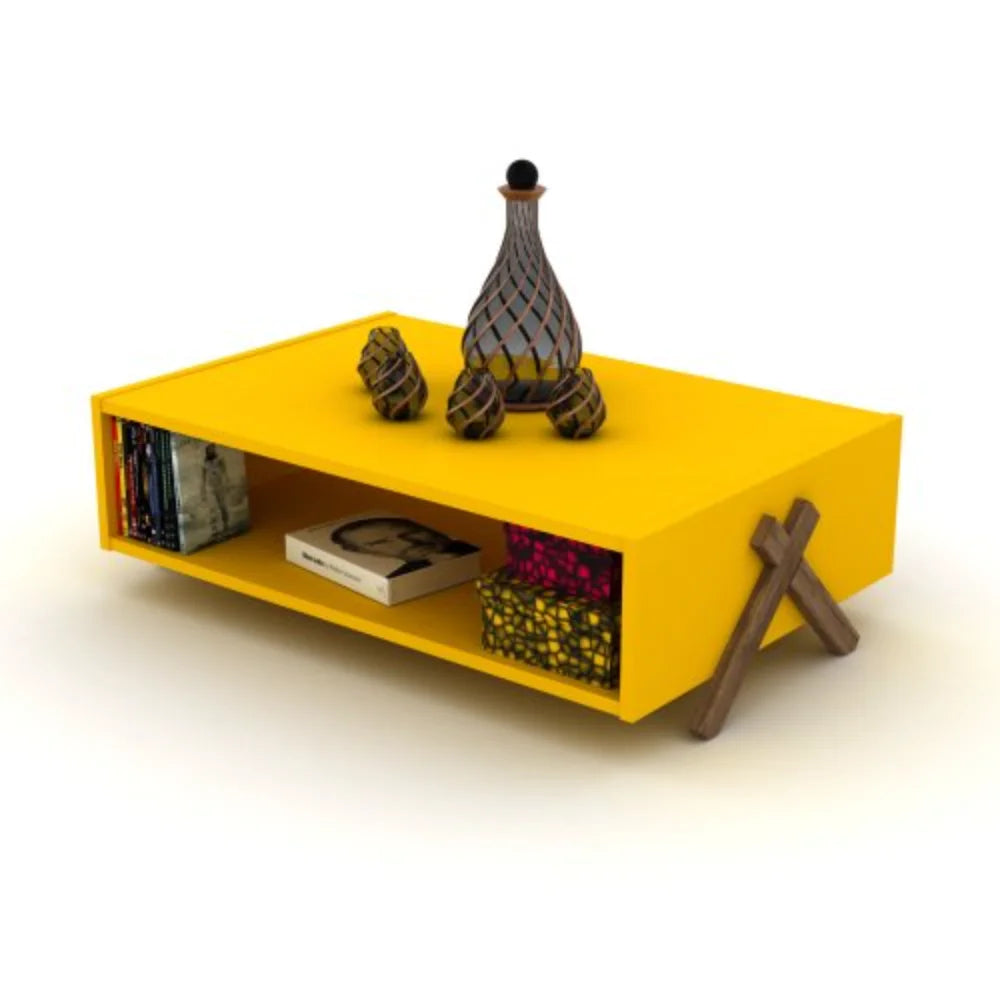 Walnut Yellow Rectangular Wooden Coffee Table with Shelving W441609