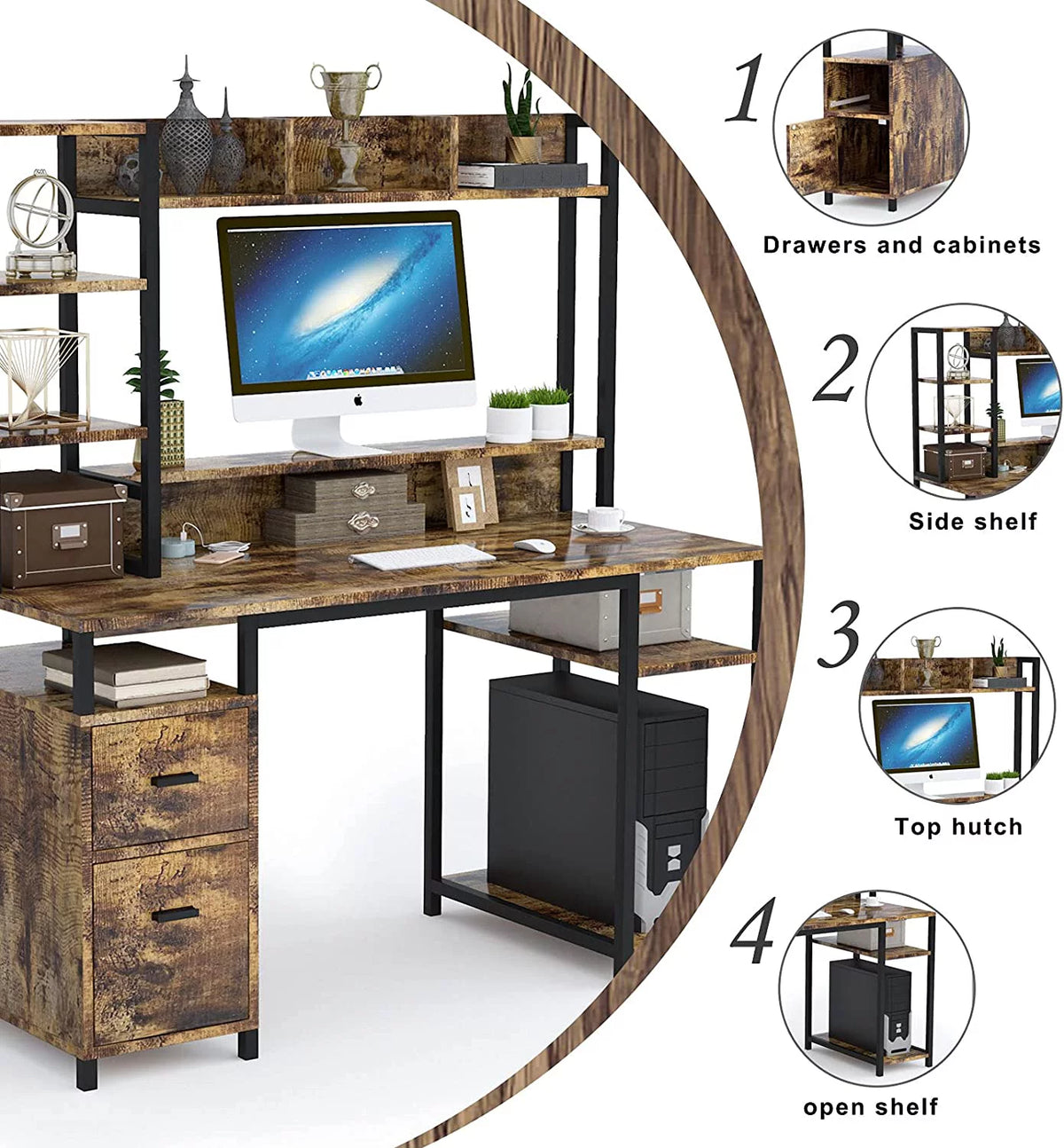 55" Computer Desk with Hutch and Storage Shelf F74186