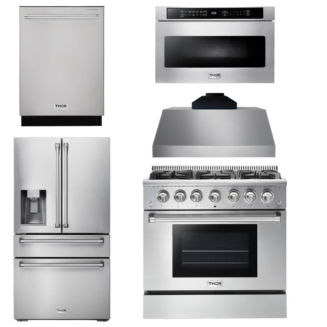 36 Gas Range, Range Hood, Microwave, Refrigerator with Water and Ice Dispenser, Dishwasher G103805