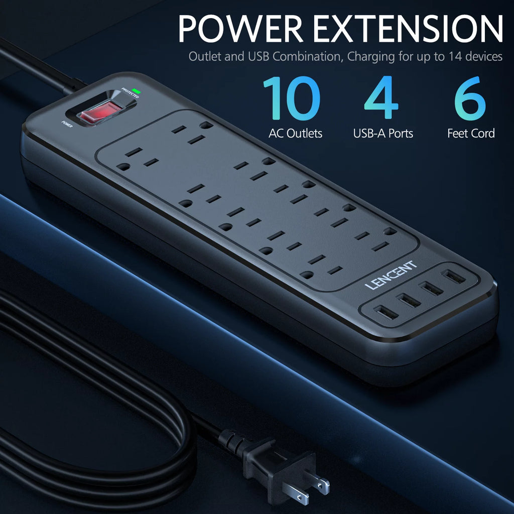 2 Prong Power Strip, 1700J Surge Protector, 6ft Extension Cord, 10 Outlets & 4 USB Ports J249479