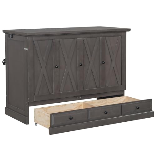 Queen Size Solid Pine Murphy Bed with Charging Station and Storage Drawer N6316