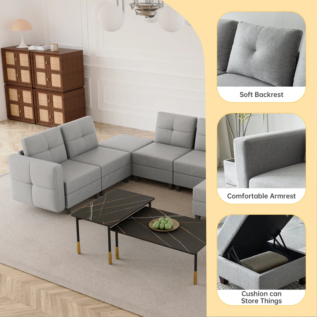 Gray Modular Sectional Sofa with Storage W160
