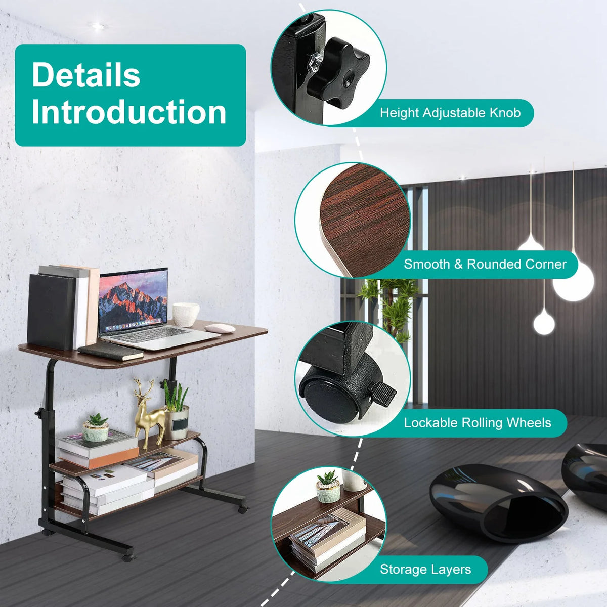 Height Adjustable Mobile Laptop Desk Cart with Lockable Wheels C29081