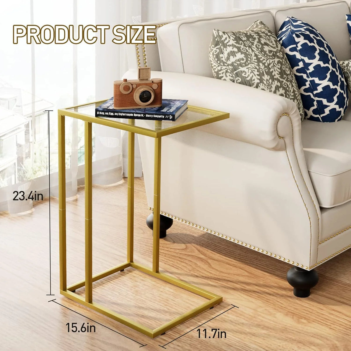 C Shaped Glass End Table with Metal Frame R9501