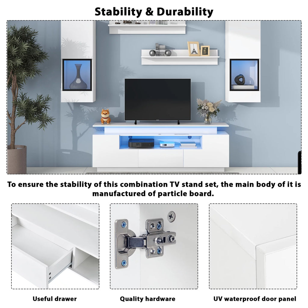 White High Gloss Wall Mounted TV Stand with LED Light Strips C9299