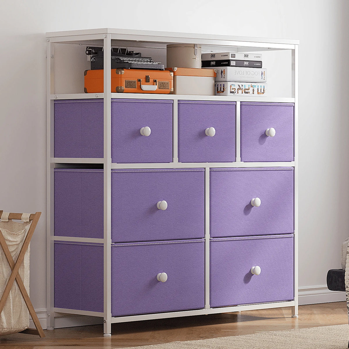 Pink 7 Drawer Fabric Dresser with Wood Shelves F99111